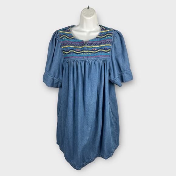 Bechamel Womens Vintage Y2K Denim Dress LG Embroidered Boho Chic Empire Waist - Picture 1 of 6